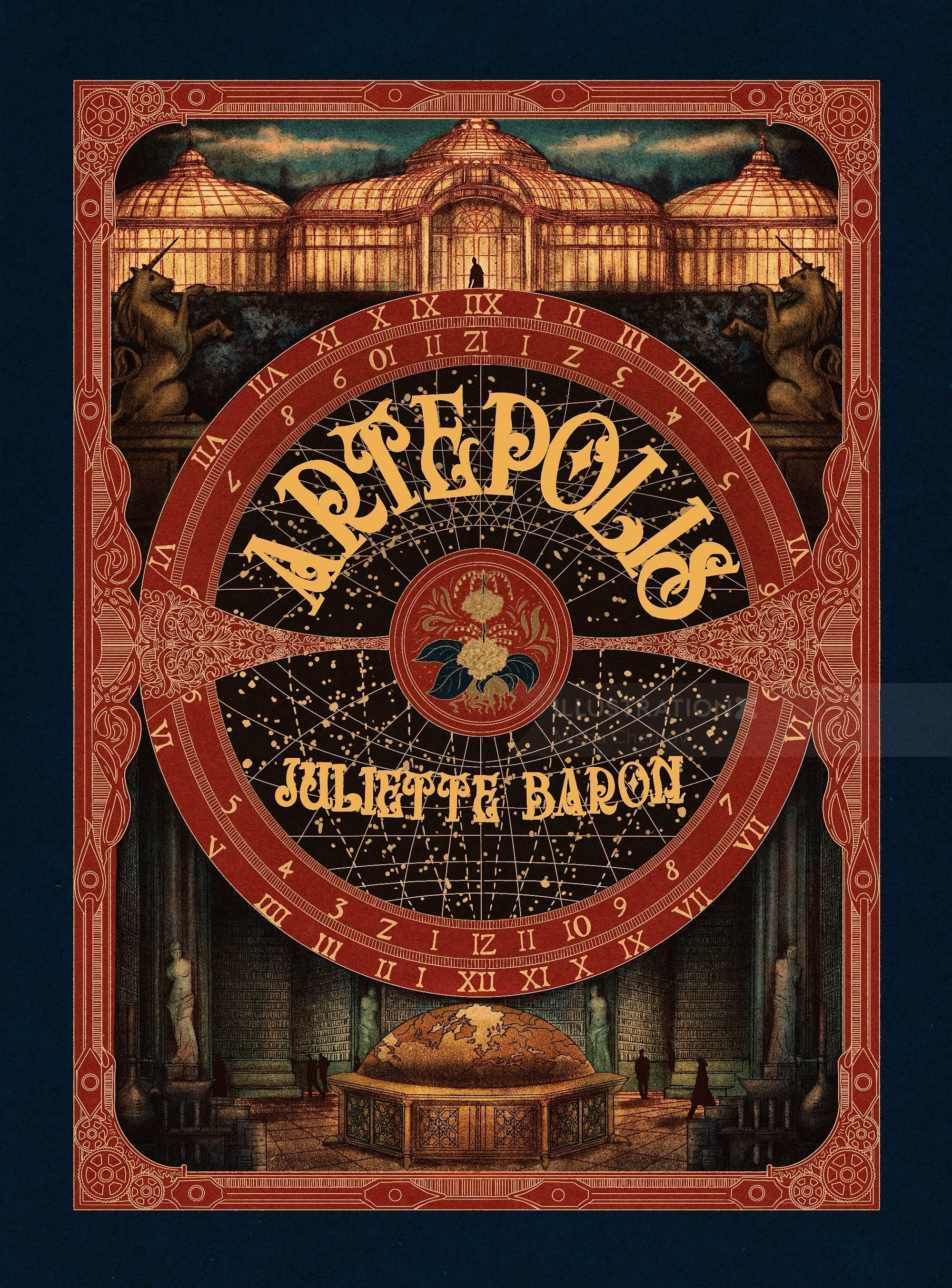 Artepolis book cover by Misha Chernov, featuring an ornate clock and theater interior