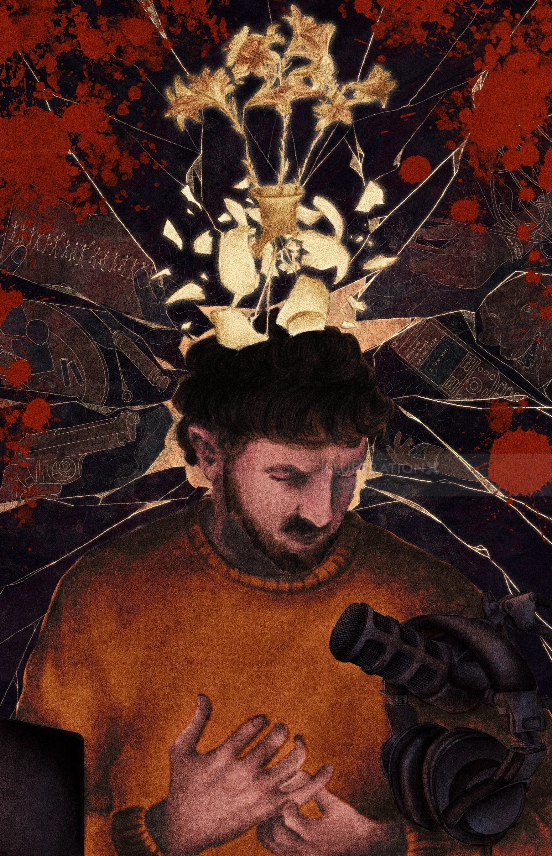 Misha Chernov illustration of a bearded man with headphones and flowers