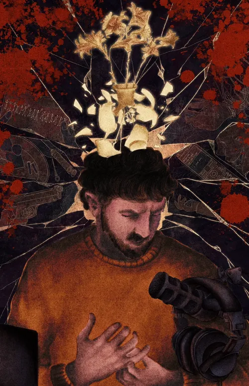 Misha Chernov illustration of a bearded man with headphones and flowers