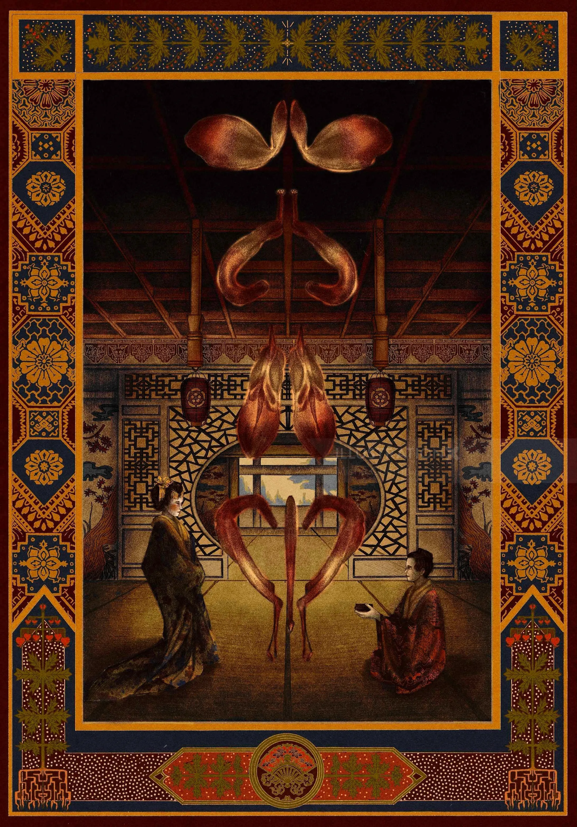 Ornate botanical fantasy interior illustration by Misha Chernov