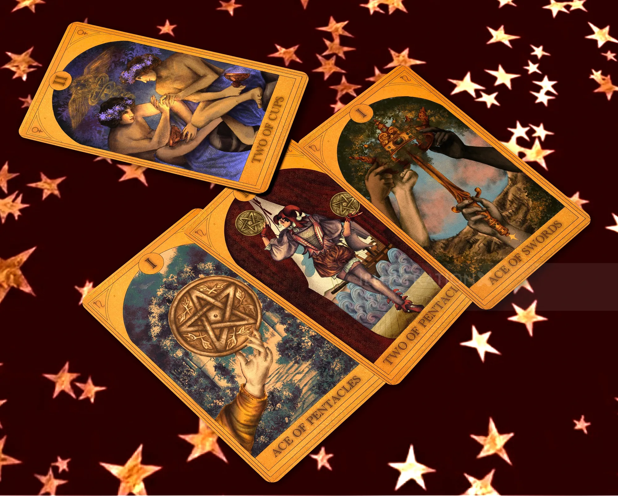 Tres cartas del tarot ilustradas por Misha Chernov sobre un fondo estrellado.