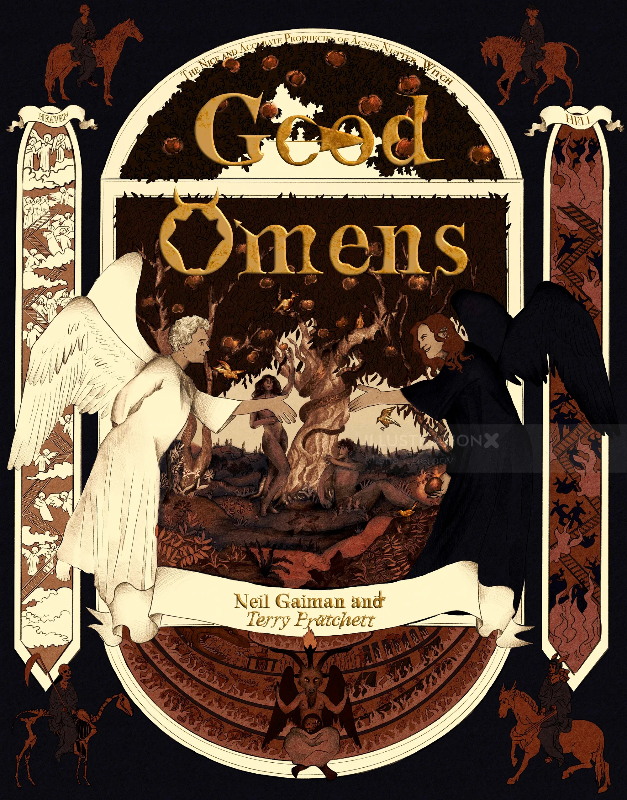 Misha Chernov's illustrated Good Omens book cover with ornate gothic artwork