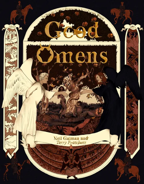 Misha Chernov's illustrated Good Omens book cover with ornate gothic artwork
