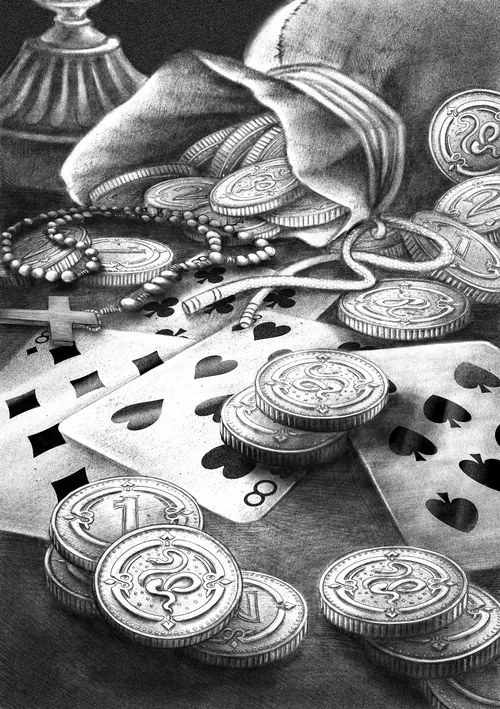 Black-and-white Zmiyevi Svyatky illustration by Misha Chernov with cards and coins