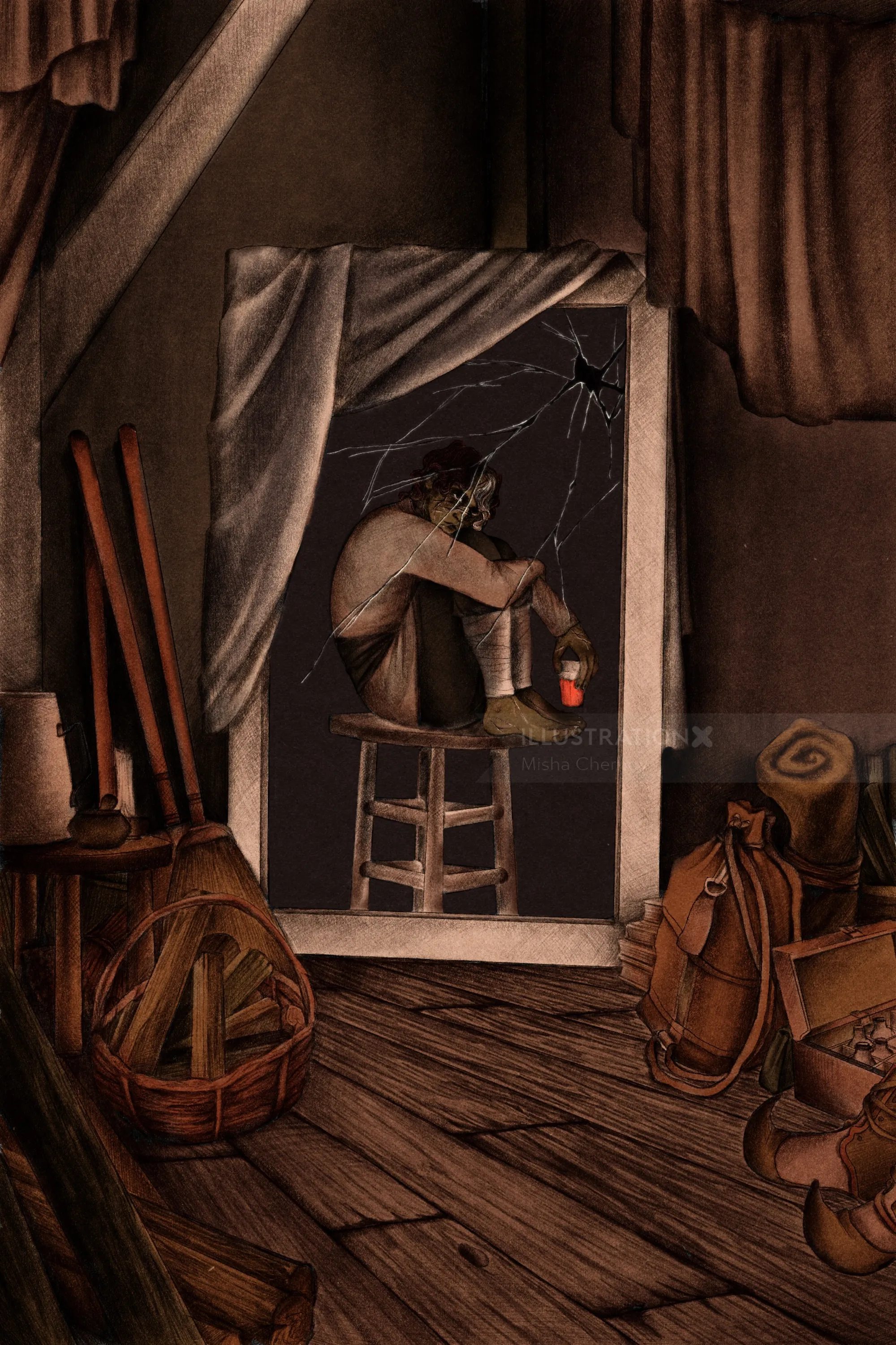 Misha Chernov illustration of a cloaked figure in a rustic room