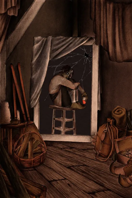 Misha Chernov illustration of a cloaked figure in a rustic room