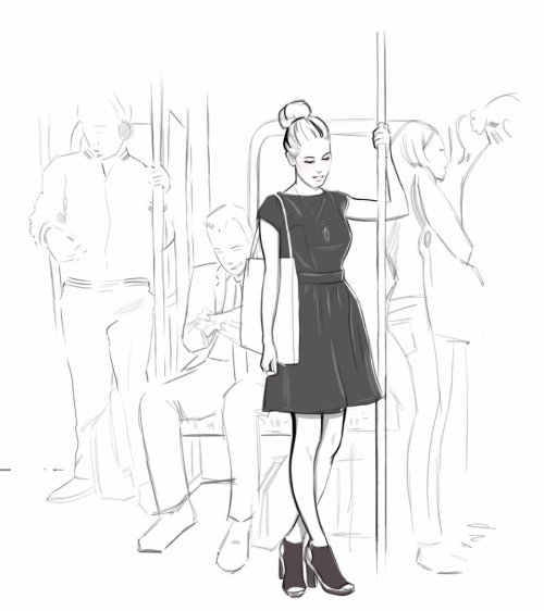 Line art of people in metro train