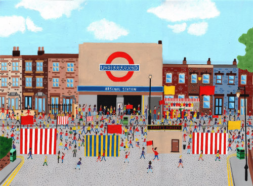 Illustration Arsenal Tube Station on match day by Mohan Ballard