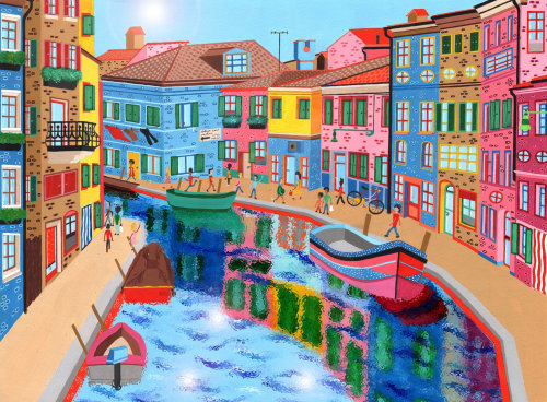 Painting of a street scene of Burano in Italy.