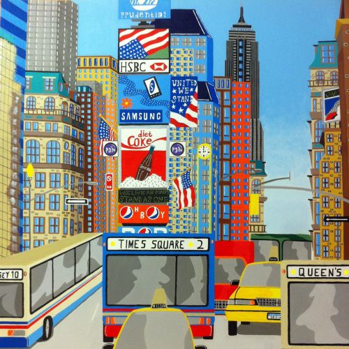 Painting of a street scene of Times Square in New York