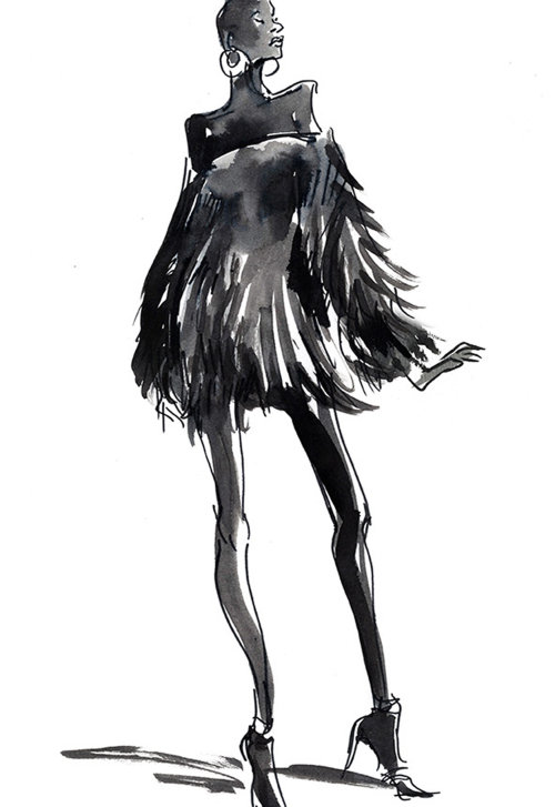 Dibujo en vivo de vestido corto negro.