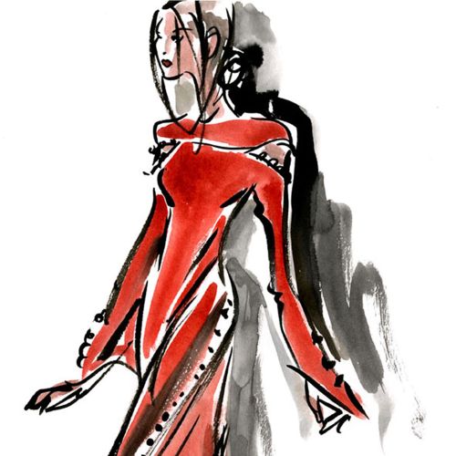 Watercolor painting of long red gown 