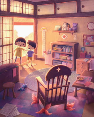 Arte de libro ilustrado que presenta una encantadora escena de la habitación de un niño.