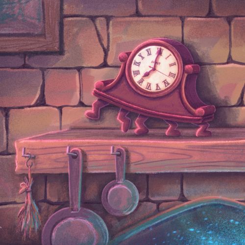 Vintage wooden clock on rustic stone wall above magical glowing fire