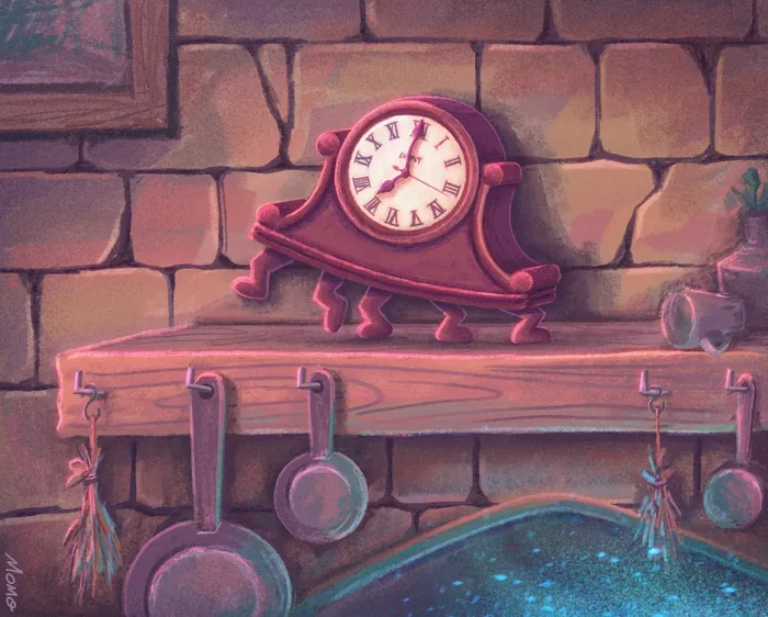 Vintage wooden clock on rustic stone wall above magical glowing fire