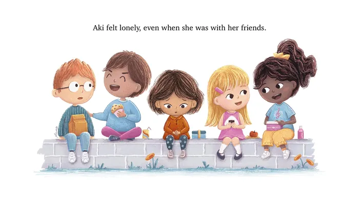 Five diverse children sitting on a wall, one looking lonely