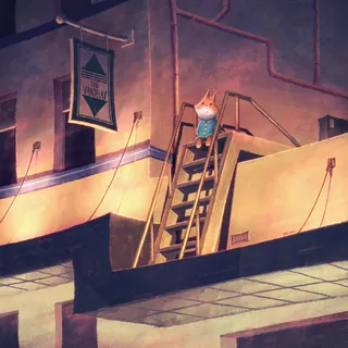 Cat character standing on rooftop stairs at sunset