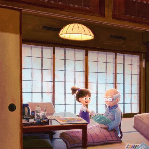 Young girl and grandpa reading together in a cozy room