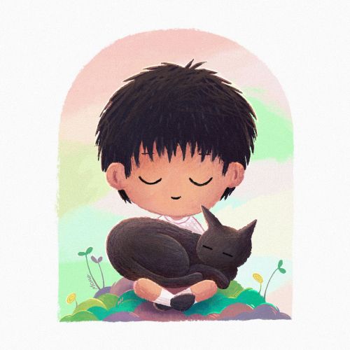 Visual concept of a boy and his feline companion