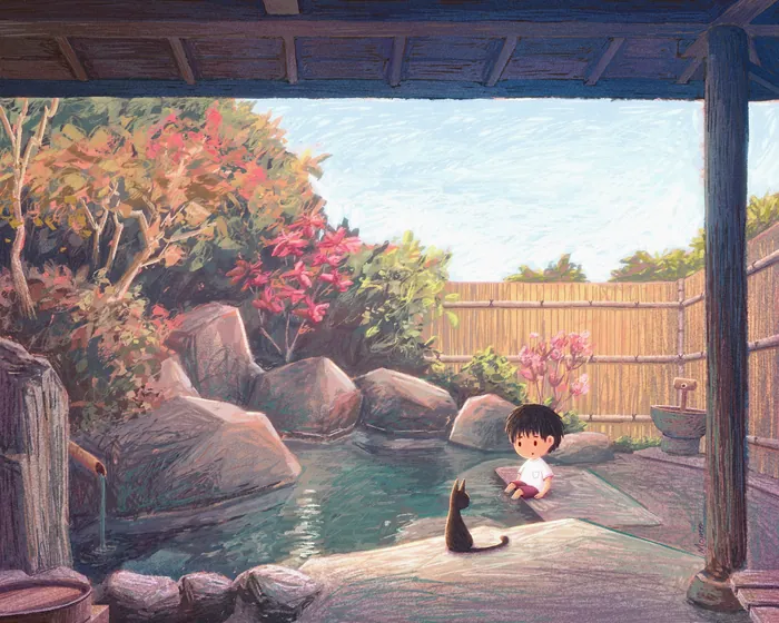 Boy sitting near pond with a black cat in a garden