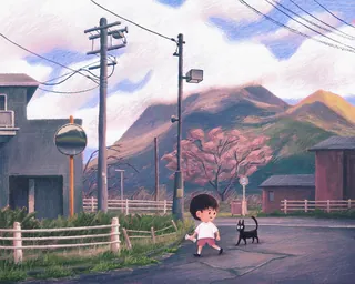 Boy walking with black cat on rural road near mountains