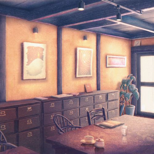 Wooden room interior with table, chairs, drawers, and a standing cat character