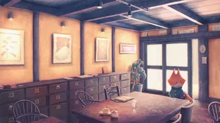 Wooden room interior with table, chairs, drawers, and a standing cat character