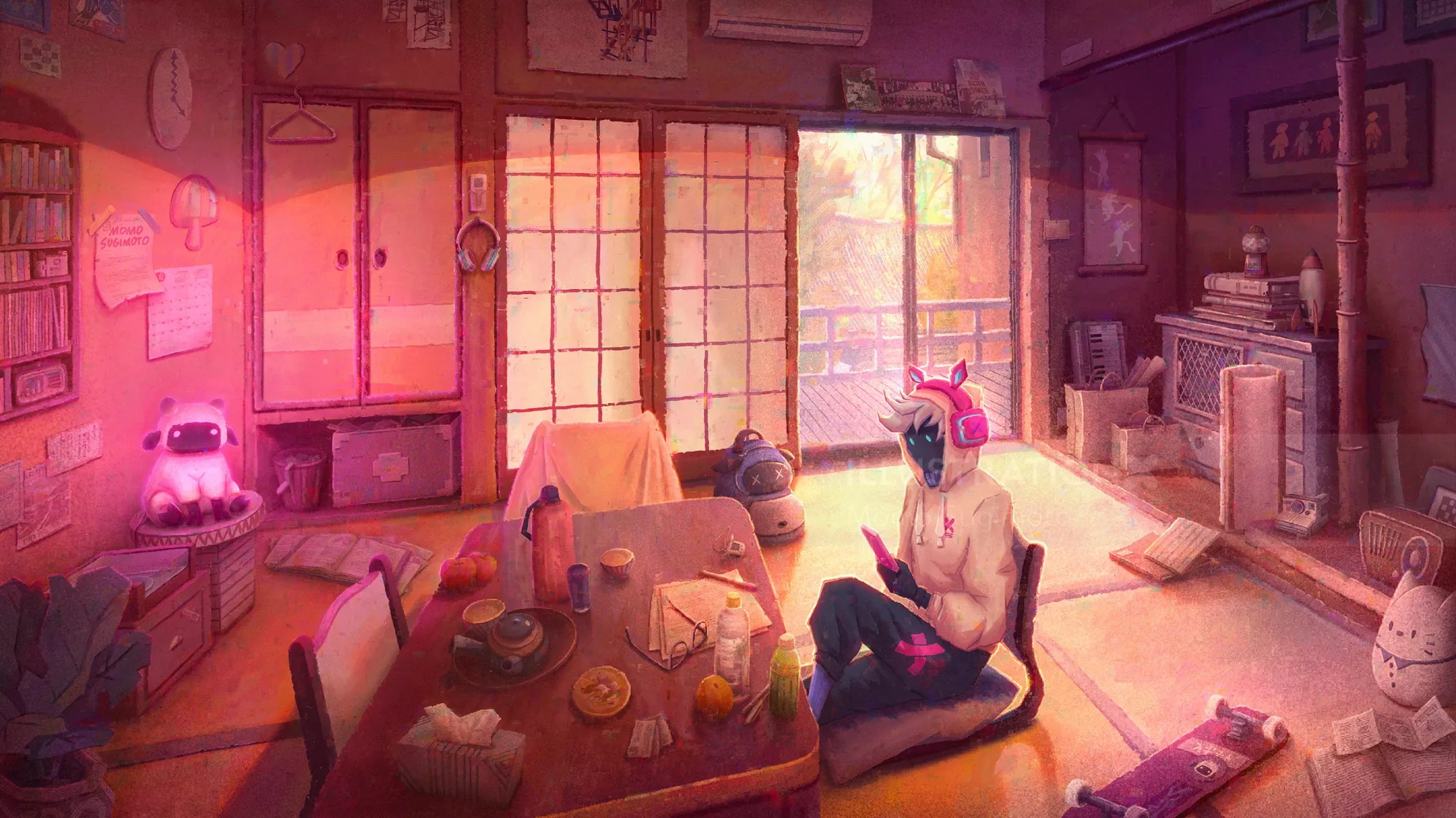 Person reading in a warm, sunlit room with traditional Japanese decor
