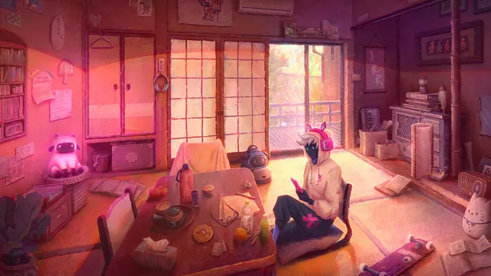 Person reading in a warm, sunlit room with traditional Japanese decor