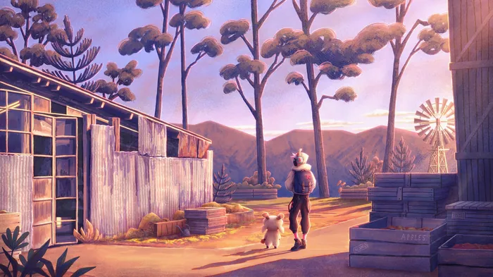 Person walking dog near rustic barn in warm sunset light