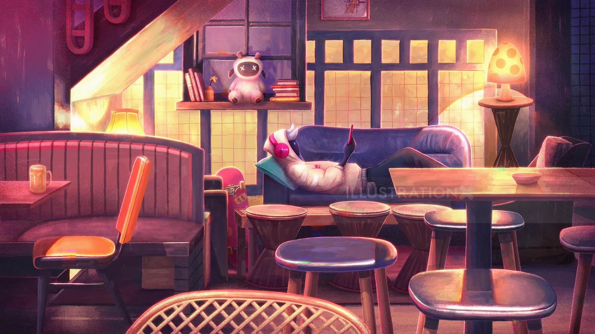 Cozy cafe interior with warm lighting and empty tables