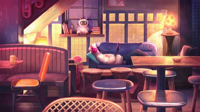 Cozy cafe interior with warm lighting and empty tables