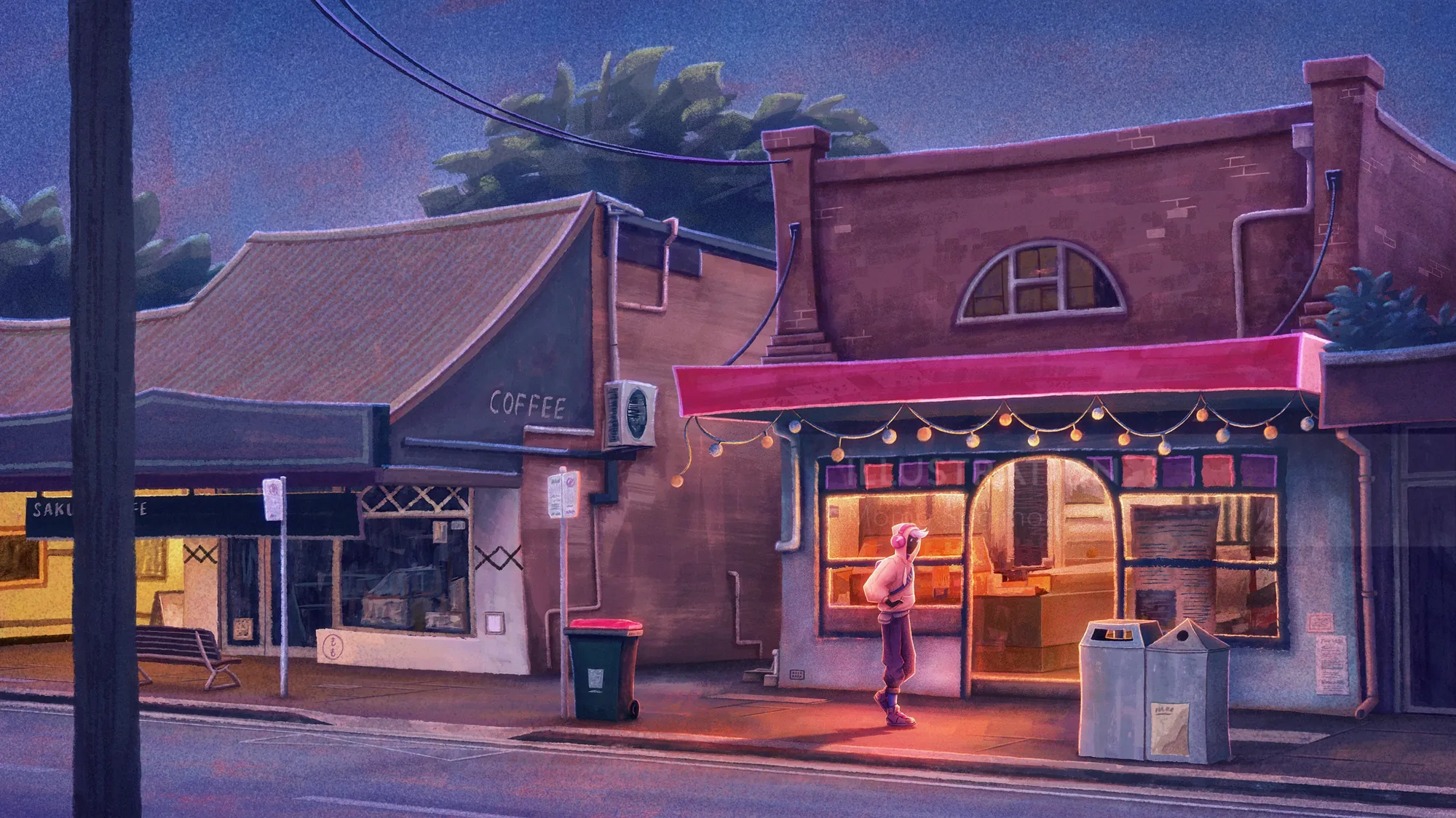 Evening street scene with person outside a lit restaurant