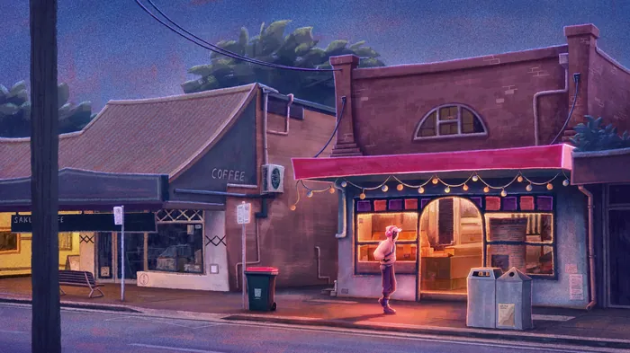 Evening street scene with person outside a lit restaurant