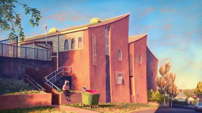 Person walking near pink building under blue sky with trees