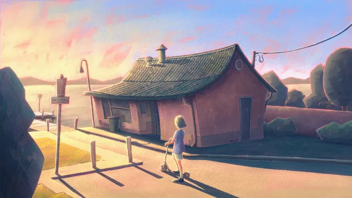 Child on scooter near small house at sunset with warm lighting