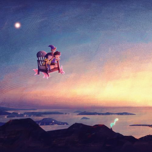 Two children flying on a rocking chair over a sunset landscape