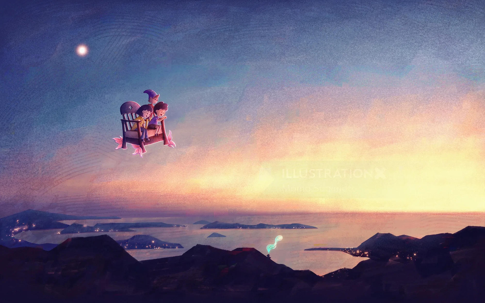 Two children flying on a rocking chair over a sunset landscape