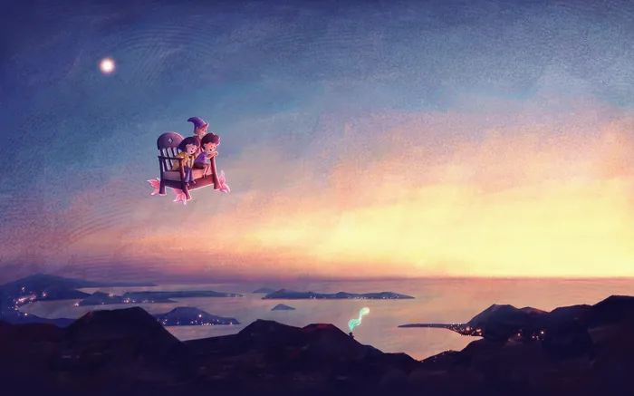 Two children flying on a rocking chair over a sunset landscape