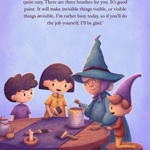 Children and witch painting a magical chair at a wooden table