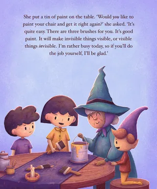 Children and witch painting a magical chair at a wooden table