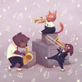 Anthropomorphic animals playing brass and woodwind instruments