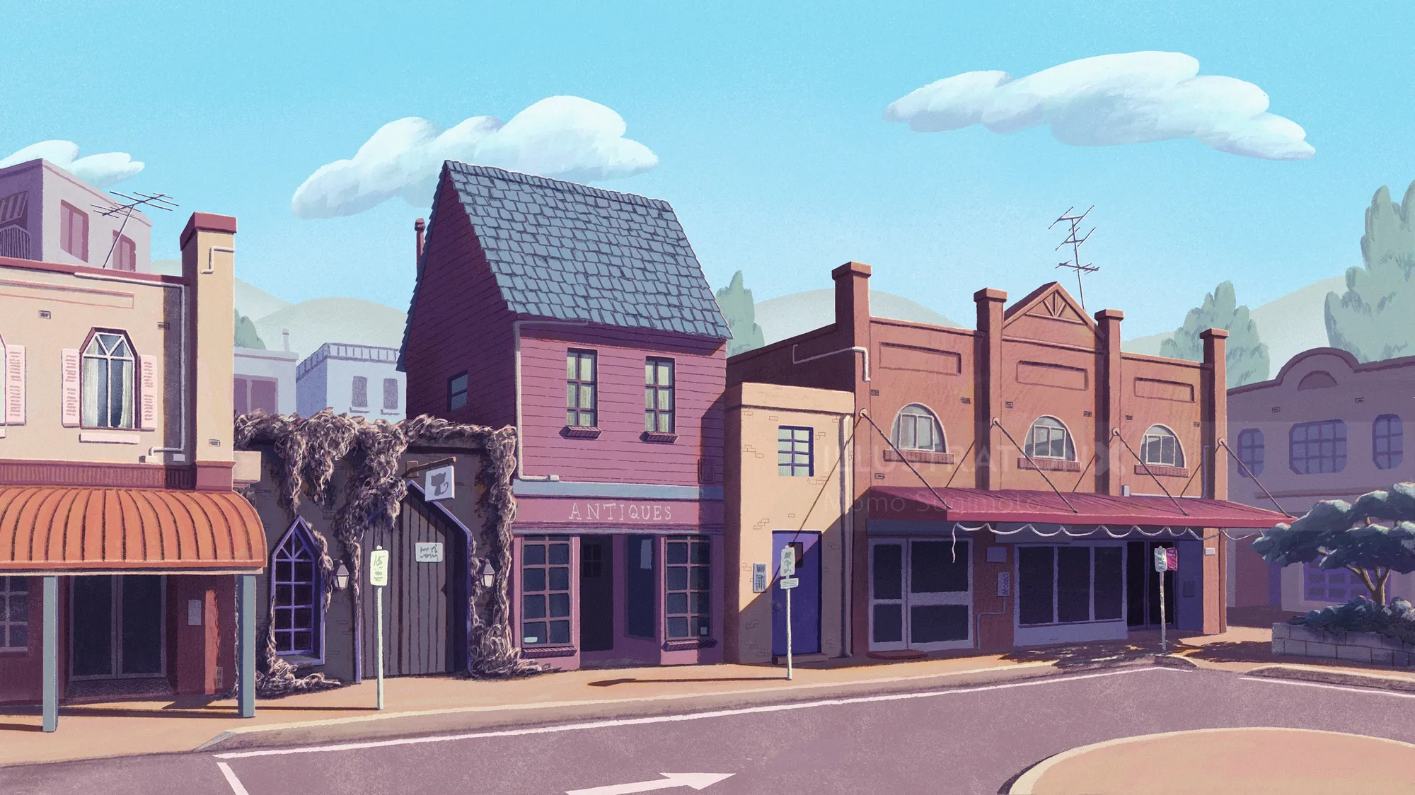 Illustration of a quiet town street with various small shops