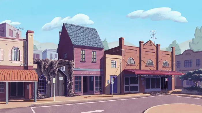 Illustration of a quiet town street with various small shops