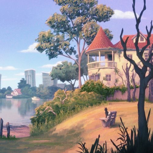 Scenic riverside with trees, a house, and city skyline in distance