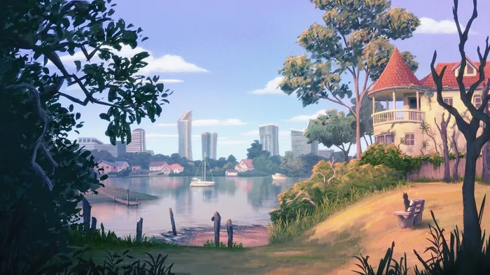 Scenic riverside with trees, a house, and city skyline in distance