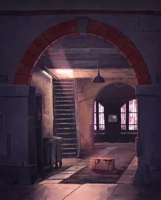 Dimly lit room with archways, stairs, and a wooden crate on floor
