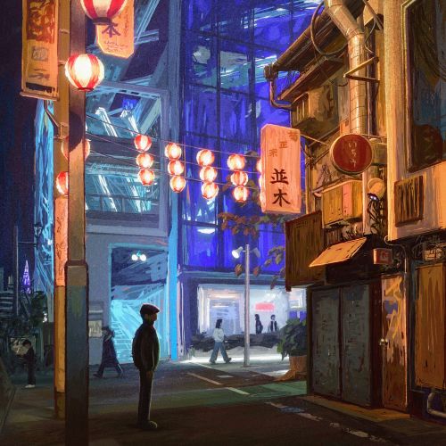 Night view of Omoide Yokocho alley with lit lanterns and buildings