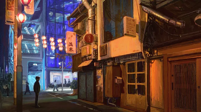 Night view of Omoide Yokocho alley with lit lanterns and buildings