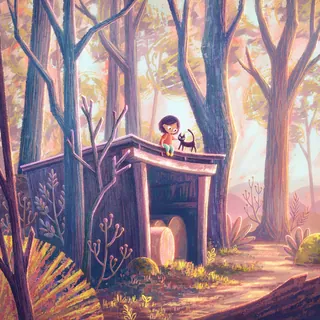 Girl and black cat sitting on forest treehouse roof at sunset